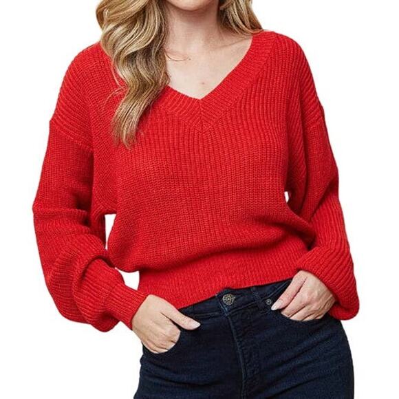 LOVE TREE Sweater Womens Size Medium Red Knit Fuzzy Slouchy Fit On Dolman Sleeve - Picture 1 of 9
